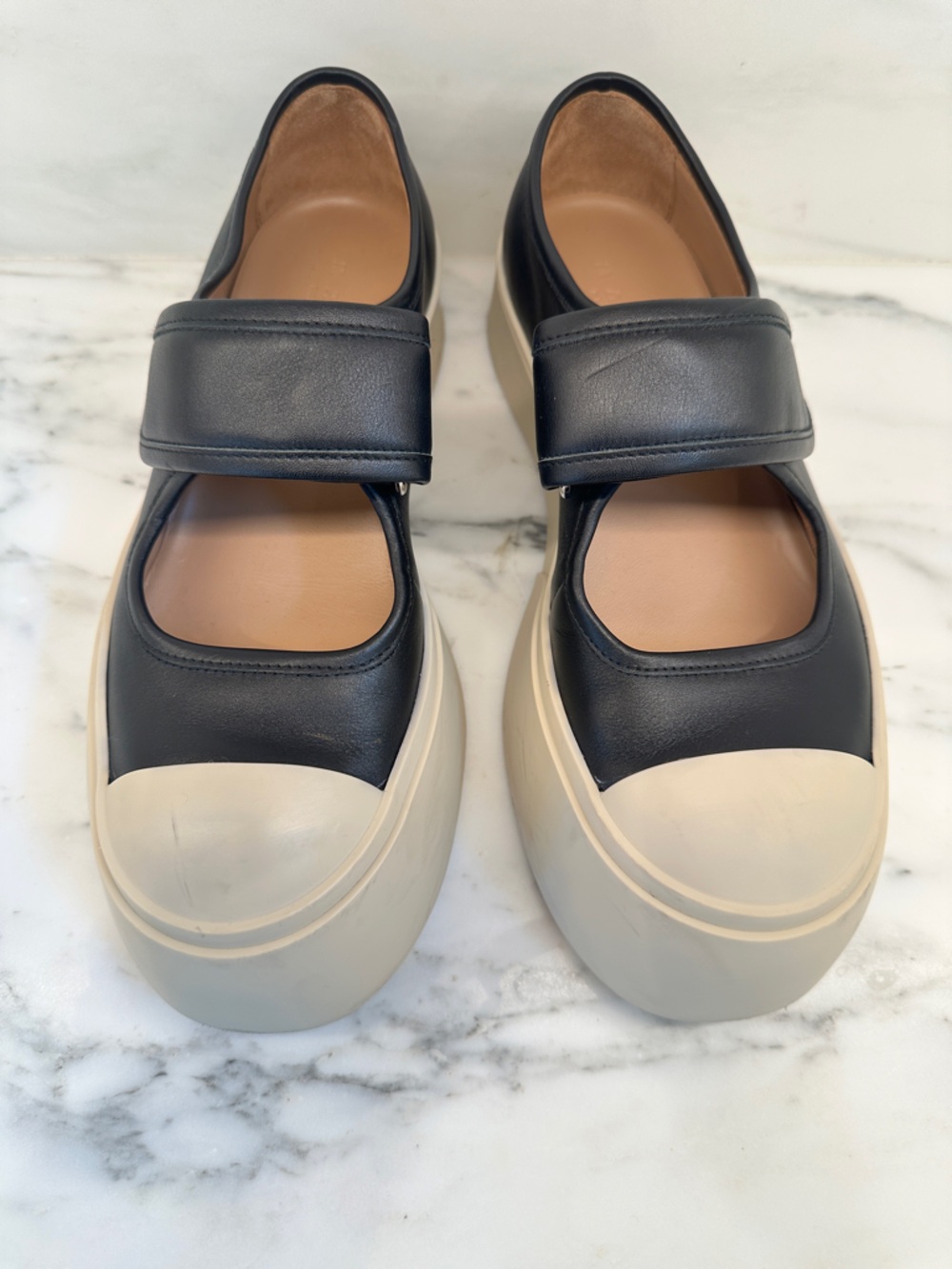 MARNI women’s Black Leather Mary Jane Sneaker with White Platform Sole. - Picture 6 of 11